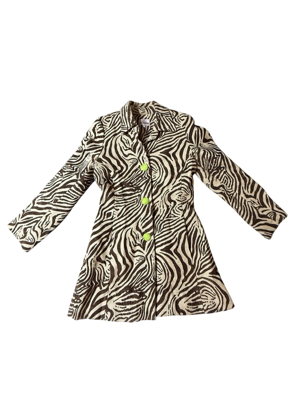 3 Sisters Vintage Y2K Zebra Print Trench Coat Jacket S Brown Chartreuse Buttons